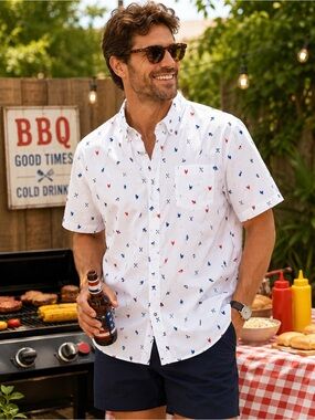 Jam Session BBQ Print Button Up Shirt Men’s 2XLT White Novelty Summer Dad Shirt